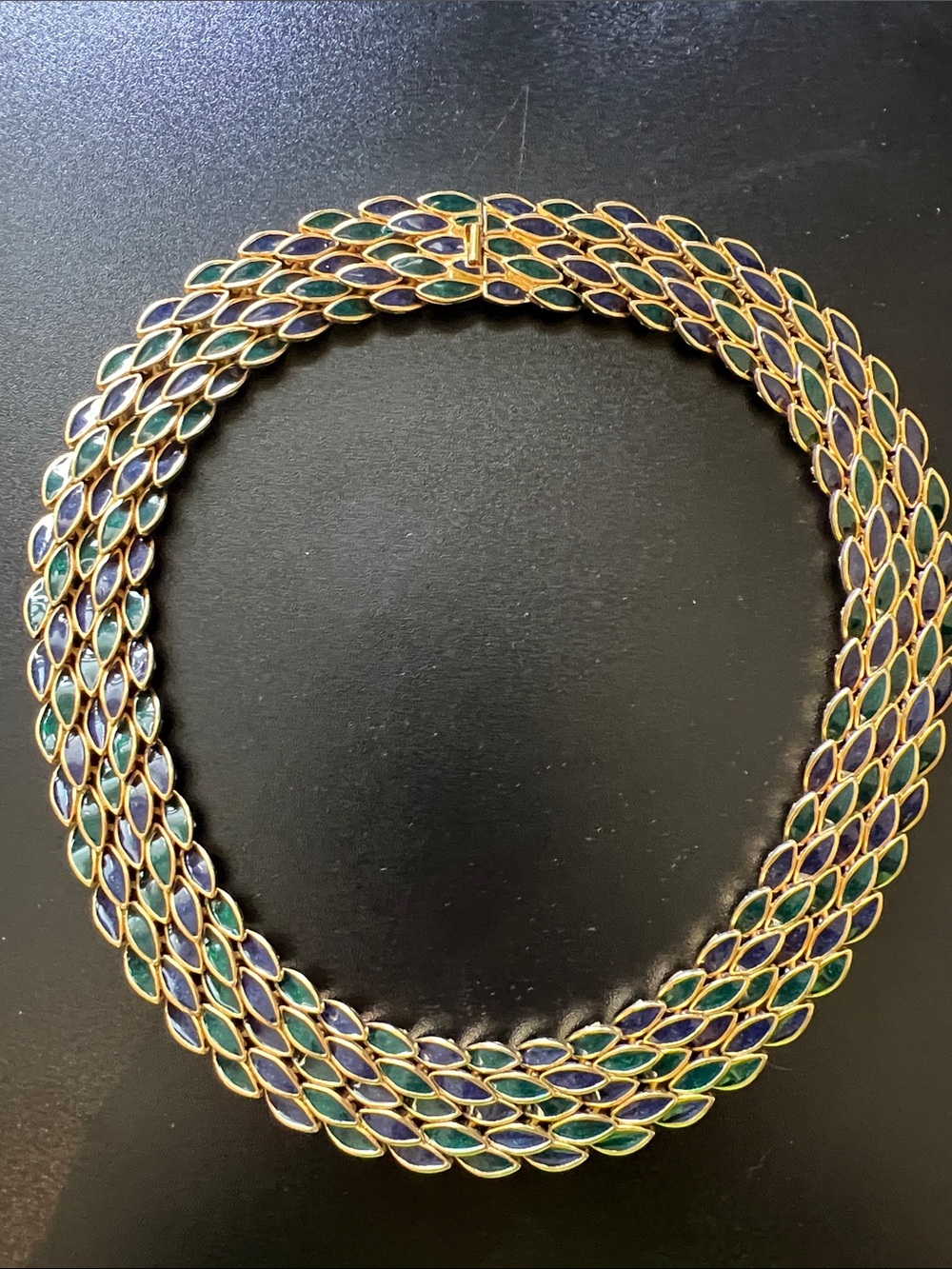 Gold-Tone Green & Blue Enamel Leaf Collar Necklace